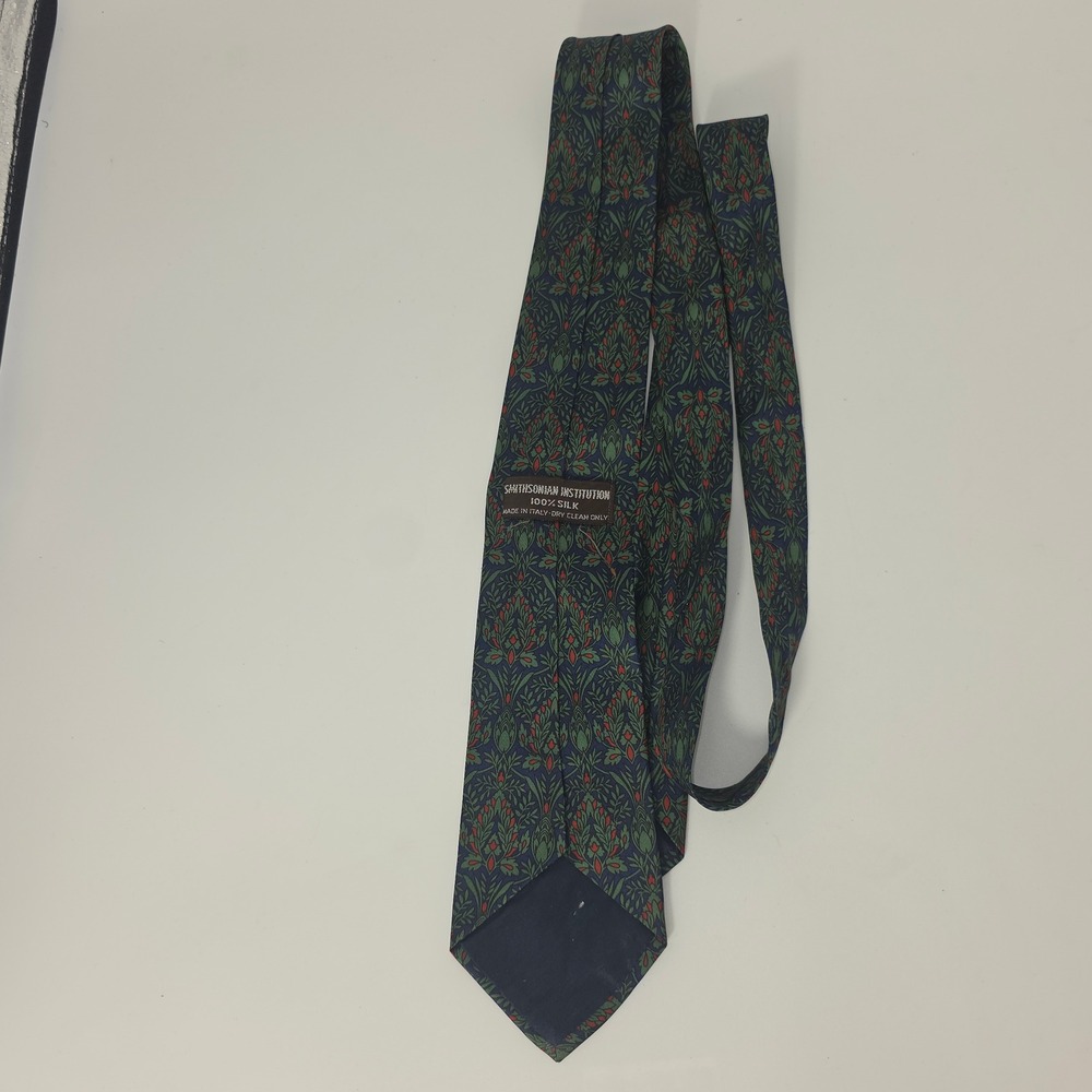 Smithsonian Institution Mens Silk Tie Navy Blue Green Red Floral Damask Italy